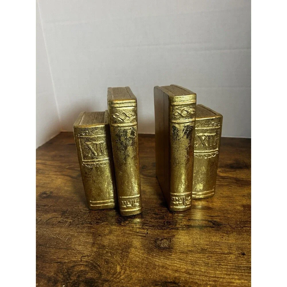 Vintage Gold Bookends Faux Books Roman Numeral Library Shelf Decor Set Pair of 2